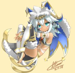 Rule 34 | 1girl, ankh, aqua eyes, bandages, bare shoulders, barefoot, blush, bodypaint, bridal gauntlets, dark skin, dark-skinned female, dated, egyptian, egyptian clothes, facial mark, floating, fur trim, headdress, jewelry, lilium0235, long hair, looking at viewer, navel, necklace, puzzle &amp; dragons, signature, smile, solo, sopdet (p&amp;d), star (symbol), thighhighs, white hair