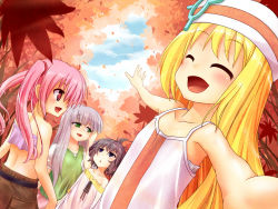 Rule 34 | 4girls, blonde hair, blue eyes, brown hair, character request, dress, closed eyes, green eyes, hat, highres, long hair, midriff, multiple girls, outstretched arms, pink eyes, pink hair, short hair, silver hair, sleeveless, sleeveless dress, smile, twintails, umarutsufuri