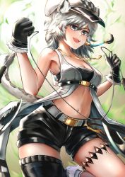 Rule 34 | 1girl, :d, animal ear fluff, animal ears, arknights, armpits, asymmetrical legwear, bad id, bad pixiv id, bandeau, bare shoulders, belt, black bandeau, black gloves, black hair, black shorts, black thighhighs, breasts, cabbie hat, checkered clothes, checkered headwear, cleavage, cliffheart (arknights), collarbone, commentary, cowboy shot, gloves, grappling hook, grey belt, grey eyes, hair between eyes, hands up, hat, highres, holding, holding rope, jewelry, leopard ears, leopard girl, leopard tail, light blush, looking at viewer, material growth, medium breasts, midriff, multicolored hair, navel, necklace, on (yattemasu), open mouth, oripathy lesion (arknights), rope, short hair, short shorts, shorts, sidelocks, silver hair, single sock, single thighhigh, skindentation, sleeveless duster, small breasts, smile, socks, solo, standing, standing on one leg, streaked hair, tail, teeth, thighhighs, upper teeth only, white hat