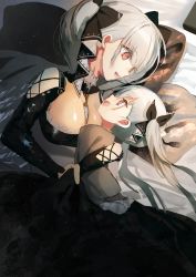 Rule 34 | 2girls, :d, azur lane, breasts, cleavage, dress, formidable (azur lane), gothic lolita, lolita fashion, looking at another, lying, mashiromi noah, mother and daughter, multiple girls, on side, open mouth, pillow, smile, twintails