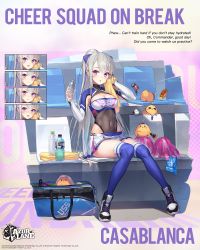Rule 34 | 1girl, :o, armpit crease, armpit cutout, azur lane, bag, bird, blue thighhighs, bottle, bow, breasts, casablanca (azur lane), casablanca (cheer squad on break) (azur lane), cheerleader, chick, cleavage, clothing cutout, covered navel, crop top, duffel bag, hair bow, hands up, highres, holding, large breasts, leotard, leotard under clothes, long hair, long sleeves, looking at viewer, manjuu (azur lane), midriff, mignon, miniskirt, official alternate costume, official art, parted lips, pleated skirt, pom pom (cheerleading), ponytail, purple eyes, ribbed legwear, shoes, silver hair, sitting, skirt, sneakers, solo, sweat, thighhighs, towel, very long hair, water bottle, white skirt, zettai ryouiki