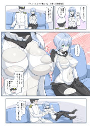 Rule 34 | ..., 1boy, 1girl, abyssal admiral (kancolle), abyssal ship, admiral (kancolle), blue hair, bodysuit, breasts, cleavage, clothing cutout, commentary request, couch, green eyes, highres, kantai collection, large breasts, long hair, mimofu (fullhighkick), navel cutout, pale skin, sitting, spoken ellipsis, torn clothes, translation request, undressing, wo-class aircraft carrier