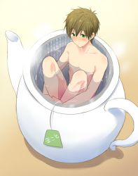 Rule 34 | 10s, 1boy, bathing, blush, brown hair, free!, from above, full body, green eyes, high speed!, in container, male focus, mo (nmnme), nude, oversized object, partially submerged, short hair, solo, tachibana makoto, teapot, water
