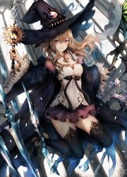 Rule 34 | 1girl, :d, absurdres, black coat, black thighhighs, breasts, brown eyes, brown hair, brown skirt, cleavage, coat, dorothy (shingeki no bahamut), dutch angle, frilled skirt, frills, full body, gold trim, has bad revision, has downscaled revision, hat, highres, holding, jewelry, long hair, long sleeves, looking at viewer, md5 mismatch, medium breasts, miniskirt, necklace, off shoulder, open clothes, open coat, open mouth, resolution mismatch, revision, shingeki no bahamut, shoes, skirt, smile, snm (sunimi), solo, source smaller, staff, thighhighs, wide sleeves, witch, witch hat, zettai ryouiki
