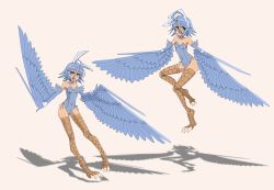 Rule 34 | 1girl, ahoge, animal ears, bare shoulders, beige background, bird legs, blue feathers, blue hair, blue leotard, blue wings, breasts, commentary, covered navel, donquiyume, english commentary, fake animal ears, feathered wings, feathers, hair between eyes, harpy, headband, highres, leotard, monster girl, monster musume no iru nichijou, navel, open mouth, papi (monster musume), rabbit ears, shadow, short hair, simple background, small breasts, smile, talons, winged arms, wings, wrist cuffs, yellow eyes
