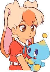 Rule 34 | 1girl, belt, blue eyes, blue ribbon, blush, bow, bowtie, brown eyes, brown hair, chao (sonic), child, cream the rabbit, creature, dress, eyeshadow, female focus, flat chest, flat color, highres, holding, holding creature, humanization, light blush, looking back, makeup, multicolored hair, neck ribbon, open mouth, orange dress, orange eyeshadow, orange hair, puffy short sleeves, puffy sleeves, rabbit ears, rabbit girl, red bow, red bowtie, ribbon, short hair, short sleeves, simple background, sketch, sonic (series), stellarspin, traditional bowtie, two-tone hair, upper body, white background