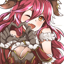 Rule 34 | 1girl, ;d, black gloves, breasts, cleavage, dragalia lost, fang, gloves, hair between eyes, heart, heart hands, highres, large breasts, long bangs, looking at viewer, medium breasts, mym (dragalia lost), one eye closed, open mouth, po pooch, red hair, skin fang, smile, solo, twitter username, upper body, yellow eyes