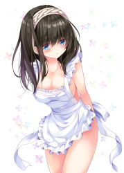Rule 34 | 10s, 1girl, apron, arms behind back, bare arms, bare shoulders, black hair, blue eyes, blush, breasts, cleavage, collarbone, cowboy shot, embarrassed, flower, hair between eyes, hairband, idolmaster, idolmaster cinderella girls, leaning forward, long hair, looking away, looking down, looking to the side, medium breasts, naked apron, nogi takayoshi, sagisawa fumika, simple background, solo, standing, sweat, tareme, thighs, white apron, white background