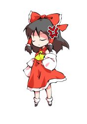 Rule 34 | 1girl, anger vein, angry, ascot, bare shoulders, black footwear, bow, chibi, closed eyes, closed mouth, collar, collared dress, dairi, detached sleeves, dress, full body, grey hair, hair between eyes, hair ornament, hair tubes, hakurei reimu, hand on own hip, long sleeves, red bow, red dress, shaded face, shoes, short hair, simple background, sleeveless, sleeveless dress, socks, solo, standing, tachi-e, touhou, transparent background, white background, white sleeves, white socks, wide sleeves, yellow ascot