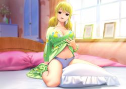 Rule 34 | 1girl, absurdres, bed, blonde hair, breasts, brown eyes, clothed masturbation, fairy tail, female masturbation, highres, large breasts, legendarysoulii, lucy heartfilia, masturbation, navel, on bed, panties, pillow, pillow sex, rubbing, solo, underwear