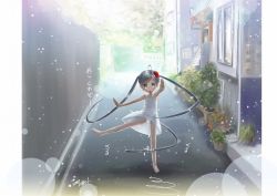 Rule 34 | 1girl, :&lt;, ahoge, alley, bad id, bad pixiv id, barefoot, black hair, child, dancing, day, dress, flat chest, flower, hair flower, hair ornament, house, long hair, nael, outstretched arms, panties, pantyshot, plant, road, snow, solo, spinning, spread arms, street, sundress, tail, translated, triangle mouth, underwear, upskirt, vanishing point, very long hair, white panties