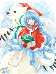 Rule 34 | 1girl, :d, barefoot, bear, blue eyes, blue hair, dated, dress, gift, hat, highres, hisin, long hair, looking at viewer, merry christmas, open mouth, polar bear, red dress, santa costume, santa hat, signature, smile, solo, tareme, toes, ursula (xenoblade), xenoblade chronicles (series), xenoblade chronicles 2