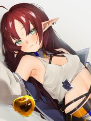 Rule 34 | 1girl, absurdres, ahoge, apple, arknights, armpits, bare shoulders, belt, breasts, brown hair, crop top, earrings, food, fruit, glint, golden apple, green eyes, highres, jacket, jewelry, long hair, looking at viewer, lying, midriff, myrtle (arknights), navel, nezuko, off shoulder, on back, open clothes, open jacket, parted lips, pointy ears, shirt, simple background, sleeveless, sleeveless shirt, small breasts, solo, stomach, white background, white jacket, white shirt