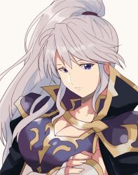 Rule 34 | 1girl, breasts, cleavage, collar, fire emblem, fire emblem: genealogy of the holy war, fire emblem heroes, ishtar (fire emblem), large breasts, long hair, looking at viewer, nintendo, ponytail, purple eyes, rem (eyes 410), shoulder pads, silver hair, solo, upper body