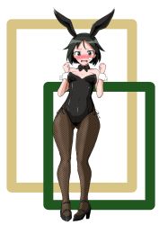 Rule 34 | 1girl, absurdres, animal ears, bare shoulders, black hair, black neckwear, black pantyhose, blue eyes, blush, brave witches, breasts, cameltoe, choker, cleavage, covered navel, embarrassed, fake animal ears, fishnet pantyhose, fishnets, from below, full body, high heels, highres, kanno naoe, leotard, open mouth, pantyhose, playboy bunny, rabbit ears, short hair, simple background, small breasts, solo, standing, sweat, t-8000, teeth, tongue, upper teeth only, world witches series