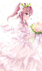 Rule 34 | 10s, 1girl, amezawa koma, backlighting, bare shoulders, blush, bouquet, dress, earrings, flower, hair flower, hair ornament, happy birthday, happy tears, highres, idolmaster, idolmaster cinderella girls, jewelry, necklace, ogata chieri, petals, pink eyes, pink hair, puffy short sleeves, puffy sleeves, short sleeves, simple background, smile, solo, strapless, strapless dress, tears, twintails, wedding dress, white dress