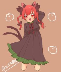 Rule 34 | 1girl, :d, animal ear fluff, animal ears, arm behind head, black bow, black dress, blush, bow, braid, brown background, cat, cat ears, cat tail, cropped legs, dress, green dress, happy, highres, kaenbyou rin, multiple tails, n t tr0910, open mouth, red bow, red eyes, red hair, signature, sketch, smile, solo, tail, touhou, twin braids, two tails