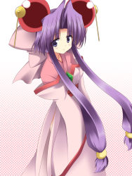 Rule 34 | 1990s (style), 1girl, akane souichi, bad id, bad pixiv id, bow, cherry (saber j), hair ornament, japanese clothes, kimono, long hair, low-tied long hair, pink bow, purple eyes, purple hair, retro artstyle, saber marionette j, solo