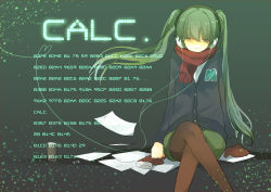 Rule 34 | 1girl, bad id, bad pixiv id, calc. (vocaloid), crossed legs, gloves, green hair, hatsune miku, headphones, hexadecimal, pantyhose, pun2, scarf, sitting, smile, solo, twintails, vocaloid