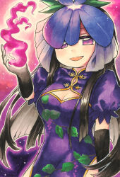 Rule 34 | 1girl, black gloves, black hair, breasts, china dress, chinese clothes, cleavage, dress, fire, flower, flower on head, gloves, grape print, highres, long hair, looking at viewer, maa (forsythia1729), marker (medium), medium breasts, puffy short sleeves, puffy sleeves, purple dress, purple eyes, short sleeves, solo, touhou, traditional media, yomotsu hisami