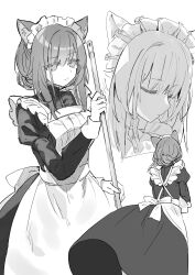 Rule 34 | 1girl, animal ears, apron, back bow, bow, breasts, broom, cat ears, cat girl, closed eyes, closed mouth, dress, expressionless, female focus, frilled apron, frills, from behind, greyscale, hand up, hiragi hanika, holding, holding broom, juliet sleeves, long dress, long sleeves, maid apron, maid headdress, medium hair, monochrome, multiple views, original, puffy sleeves, sidelocks, simple background, sketch, small breasts, standing, u u, white background