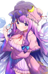 Rule 34 | 1girl, :/, absurdly long hair, arm under breasts, blurry, blush, breasts, capelet, cleavage, cowboy shot, crescent, crescent hat ornament, depth of field, dress, duplicate, floating hair, floral print, from above, hat, hat ornament, highres, kiramarukou, large breasts, long hair, mob cap, patchouli knowledge, purple dress, purple eyes, purple hair, signature, simple background, solo, striped clothes, striped dress, touhou, unworn eyewear, very long hair, white background