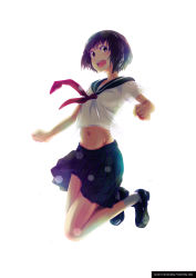 Rule 34 | 1girl, :d, bad id, bad pixiv id, black footwear, blue skirt, bob cut, breasts, brown eyes, brown hair, commentary, from below, full body, highres, jumping, looking at viewer, midriff, navel, neckerchief, open mouth, original, red neckerchief, school uniform, see-through silhouette, serafuku, shoes, shokubai phantom girl, short hair, simple background, skirt, small breasts, smile, socks, solo, white background, white socks