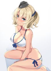 Rule 34 | 1girl, bare legs, bikini, blonde hair, blue eyes, blush, braid, breasts, cleavage, collarbone, colorado (kancolle), commentary request, covered erect nipples, full-face blush, garrison cap, gin&#039;ichi (akacia), grey hat, hat, kantai collection, large breasts, looking at viewer, short hair, simple background, sitting, solo, swimsuit, wariza, white bikini