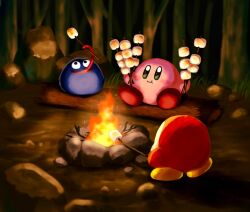 Rule 34 | :t, aruco co, blue eyes, blush, blush stickers, campfire, closed mouth, eating, facing away, fire, food, forest, from behind, gooey (kirby), grass, highres, holding, holding stick, kirby, kirby (series), log, long tongue, looking up, marshmallow, nature, night, nintendo, no humans, open mouth, outdoors, roasted marshmallow, rock, sitting, sitting on log, smile, stick, tongue, tongue hold, tongue out, tree, waddle dee