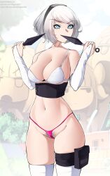 Rule 34 | 1girl, 2b (nier:automata), absurdres, bare shoulders, black bag, black hairband, bra, breasts, bridal gauntlets, cleavage, cosplay, female pubic hair, grey hair, hairband, haruno sakura, haruno sakura (cosplay), highres, holding, holding weapon, kunai, large breasts, navel, nier:automata, nier (series), panties, pink panties, pouch, pubic hair, puri (wettypeach), short hair, skindentation, thigh pouch, thighhighs, underwear, weapon, white bra, white thighhighs