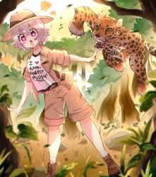 1girl absurdres animal attack buddy_(b.u.d.d.i.e.s) clothes_writing clueless cutenikechan hat heart heart-shaped_pupils highres incoming_attack jacket jungle knees leopard nature open_clothes open_jacket original pink_eyes rainforest scar scar_on_face short_hair sparkle symbol-shaped_pupils white_hair