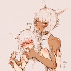 Rule 34 | 2girls, absurdres, animal ears, blowing in ear, blush, breasts, cat ears, dark-skinned female, dark skin, ear focus, facial mark, facing viewer, final fantasy, final fantasy xiv, full-face blush, glasses, hair over face, halterneck, highres, hjz (artemi), holding another&#039;s wrist, hug, looking at another, medium breasts, medium hair, miqo&#039;te, multiple girls, neck tattoo, semi-rimless eyewear, short hair, sleeveless, tattoo, tongue, tongue out, trembling, upper body, whisker markings, white background, white hair, y&#039;shtola rhul, yuri