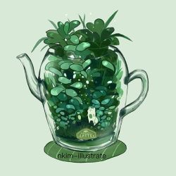Rule 34 | artist name, fox, green background, green theme, handle, nadia kim, no humans, original, plant, see-through, tea plant, teapot