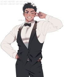 Rule 34 | 1boy, artist name, bara, belt, black hair, bow, bowtie, brown eyes, dark skin, looking at viewer, male focus, mongz, muscular, muscular male, one eye closed, original, pants, pectorals, shirt, smile, solo, spiked hair, text focus, thick eyebrows, tight clothes, v