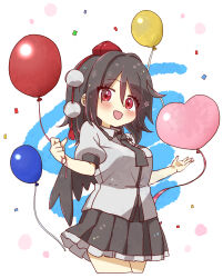 Rule 34 | 1girl, :d, absurdres, balloon, black hair, black necktie, black skirt, breasts, collared shirt, commentary request, confetti, cowboy shot, cropped legs, dress shirt, eyes visible through hair, grey shirt, hair intakes, hat, heart balloon, highres, holding, holding balloon, long hair, medium breasts, mini hat, necktie, open mouth, pleated skirt, puffy short sleeves, puffy sleeves, red eyes, red hat, shameimaru aya, shirt, short sleeves, skirt, smile, solo, tokin hat, totoharu (kujirai minato), touhou, white background