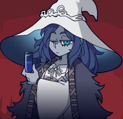 Rule 34 | 1girl, blue eyes, blue hair, blue skin, cloak, closed mouth, colored skin, commentary, crossed arms, cup, dress, drink, drinking glass, elden ring, english commentary, fur cloak, hat, helltaker, highres, holding, holding cup, large hat, long hair, looking at viewer, one eye closed, ranni the witch, red background, shi ling yu, solo, vanripper (style), white dress, white hat, wide sleeves, witch, witch hat