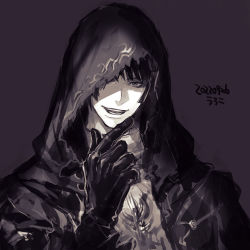 Rule 34 | 1boy, black gloves, black hair, commentary, dated, evil smile, fandaniel, final fantasy, final fantasy xiv, finger to own chin, gloves, hand up, hood, hood over one eye, hood up, hooded robe, looking at viewer, male focus, monochrome, one eye covered, open mouth, portrait, purple background, robe, shade, short hair, signature, simple background, smile, solo, uroko (mnr)