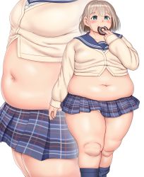 Rule 34 | 1girl, arm at side, blue eyes, blue skirt, blue socks, blunt bangs, blush, breasts, closed mouth, commentary request, commission, crop top, doughnut, fat, feet out of frame, food, highres, holding, holding food, idolmaster, idolmaster shiny colors, kneehighs, light brown hair, long sleeves, medium hair, midriff, miniskirt, muffin top, multiple views, navel, orizen, panties, pixiv commission, pleated skirt, sailor collar, serizawa asahi, simple background, skirt, small breasts, socks, straight hair, tareme, thick thighs, thighs, underwear, white background, white panties
