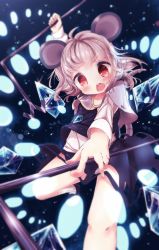 Rule 34 | 1girl, akisha, animal ears, bad id, bad pixiv id, capelet, danmaku, dowsing rod, gem, gradient background, highres, jewelry, long sleeves, looking at viewer, mouse ears, mouse tail, nazrin, necklace, open mouth, panties, pantyshot, pendant, red eyes, see-through, shirt, silver hair, skirt, skirt set, solo, tail, touhou, underwear