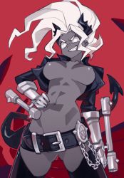 Rule 34 | 1girl, belt, belt skirt, black horns, black jacket, black tail, black thighhighs, breasts, chain, clawed gauntlets, colored skin, commentary, dark-skinned female, dark skin, demon girl, demon horns, demon tail, english commentary, grey skin, grin, hand on own hip, helltaker, horns, jacket, judgement (helltaker), large breasts, long hair, navel, nipples, open clothes, open jacket, optionaltypo, smile, solo, tail, thighhighs, white eyes, white hair