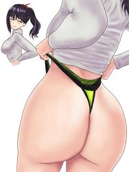 Rule 34 | 1girl, absurdres, ass, ass focus, black hair, black panties, breasts, commentary request, from behind, green panties, gridman universe, grin, highres, kilroylw, long hair, looking at viewer, multiple views, no pants, panties, panty pull, ponytail, simple background, smile, ssss.gridman, takarada rikka, thighs, thong, underwear, wedgie, white background