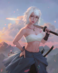 Rule 34 | 1girl, absurdres, blue sky, breasts, cloud, commentary, edward chee kok seang, english commentary, evening, freckles, glasses, grey eyes, highres, holding, holding sword, holding weapon, jewelry, katana, lips, looking at viewer, medium breasts, mountainous horizon, necklace, original, parted lips, pink lips, pink petals, round eyewear, sarashi, short hair, sky, solo, stomach, sunlight, swept bangs, sword, toned, weapon, white hair