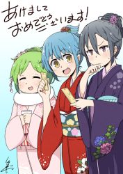 Rule 34 | 3girls, :d, ^ ^, akeome, black hair, blue hair, closed eyes, commentary request, closed eyes, facebook, flower, frown, green hair, hair bun, hair flower, hair ornament, hair up, hand to own mouth, happy new year, hatsumoude, japanese clothes, kimono, line (naver), multiple girls, new year, obi, omikuji, open mouth, personification, red eyes, sash, signature, single hair bun, smile, sweatdrop, translation request, tsukigi, twitter, twitter username, wide sleeves, yellow eyes