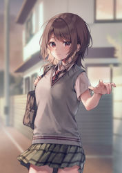 Rule 34 | 1girl, bag, blurry, blurry background, breasts, brown eyes, brown hair, building, closed mouth, collared shirt, commentary request, depth of field, diagonal-striped clothes, diagonal-striped necktie, green skirt, hands up, looking at viewer, midorikawa you, necktie, original, outdoors, plaid, plaid skirt, pleated skirt, pole, red necktie, school bag, school uniform, shirt, short sleeves, skirt, small breasts, smile, solo, striped clothes, sunset, sweater vest, white shirt, window