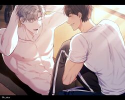 Rule 34 | 2boys, abs, blush, brown hair, closed eyes, dumbbell, exercising, highres, holding another&#039;s leg, ilay riegrow, jeong taeui, male focus, multiple boys, muscular, muscular male, nipples, o ssion, open mouth, passion (manhwa), pectorals, sit-up, smile, white hair, yaoi