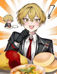 Rule 34 | !, 1boy, bishounen, black gloves, blonde hair, chibi, fang, food, formal, gloves, highres, limbus company, male focus, mu46016419, necktie, omelet, omurice, open mouth, project moon, red necktie, short hair, sinclair (project moon), solo, suit, sweat, upper body