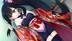 Rule 34 | 1girl, bare shoulders, black hair, blush, breasts, chalkboard, cleavage, eyebrows, flower, game cg, hair flower, hair ornament, highres, horns, indoors, izumi iko, japanese clothes, kimono, kohime, legs, long hair, looking away, navel, oni, oni ga kuru. ~ane ga hinshi de pinchi desu~, open clothes, original, parted lips, ponytail, small breasts, solo, standing, thighhighs, thighs, undressing, yellow eyes, zettai ryouiki