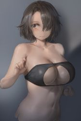 Rule 34 | 1girl, bandeau, bare shoulders, breasts, brown eyes, brown hair, cleavage, collarbone, cropped torso, free style (yohan1754), grey background, hair over one eye, hands up, highres, large breasts, looking at viewer, navel, original, parted bangs, short hair, sidelocks, smile, solo, stomach, swept bangs, upper body