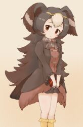 Rule 34 | 1girl, bird girl, bird tail, bird wings, black eyes, black hair, boots, dress, feathered wings, head wings, highres, kemono friends, long hair, looking at viewer, pink background, scarf, simple background, skirt, solo, striated caracara (kemono friends), tail, wings, zzz ansh