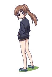 Rule 34 | 1girl, bare legs, bottomless, brown hair, female focus, full body, hands in pockets, long sleeves, looking back, no pants, saki (manga), simple background, smile, solo, takakamo shizuno, white background